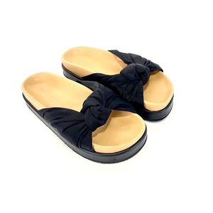 HELMET LANG Black Ribbon & Leather Slide Sandals